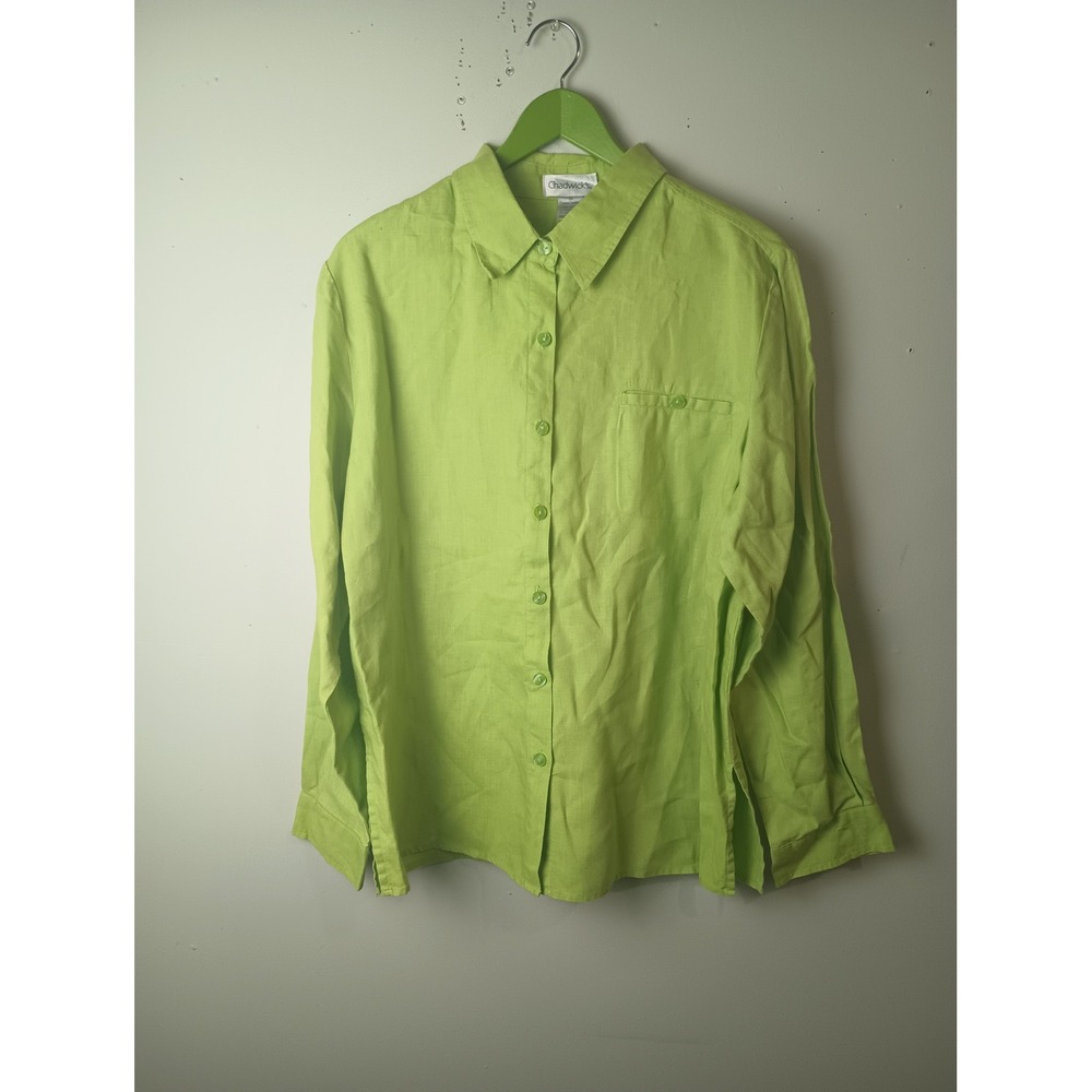 Chadwicks Women Lime Green 100% Linen Long Sleeve Button Down Shirt Size 14